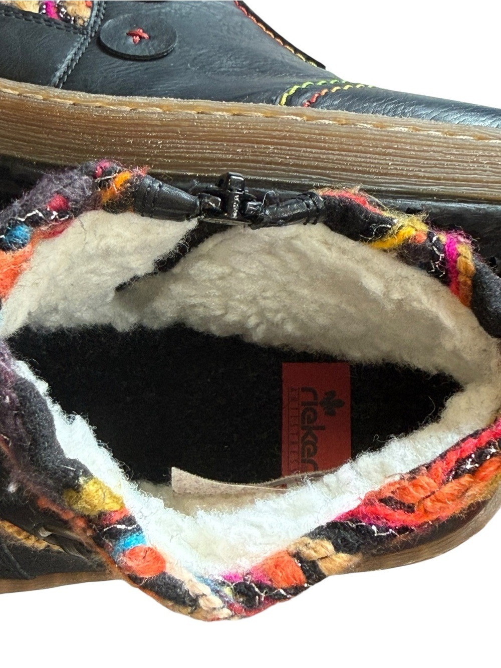 Rieker Black Leather Ankle Boots Faux Fur Lined Colorful Stitching US 11 NWT - Picture 9 of 13